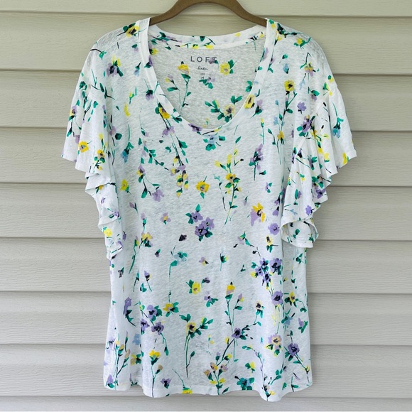 Loft Linen Multicolor Floral Flutter Sleeve Top Size M - Picture 2 of 10